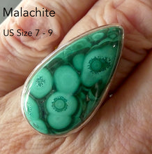 Load image into Gallery viewer, Malachite Ring | Large Teardrop Cabochon | Strong Bezel Setting |  Open Backed | Wide Band | 925 Sterling Silver |  US Size Adjustable 7 to 9 | Detox, Feminine Power, Healing Nature | Capricorn Scorpio | Genuine Gems from Crystal Heart Melbourne Australia since 1986