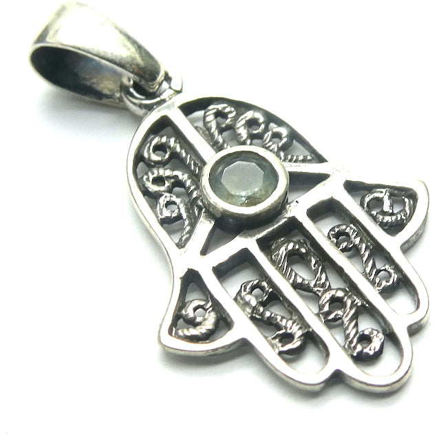 Hamsa Hand Pendant with Gemstone, 925 Silver