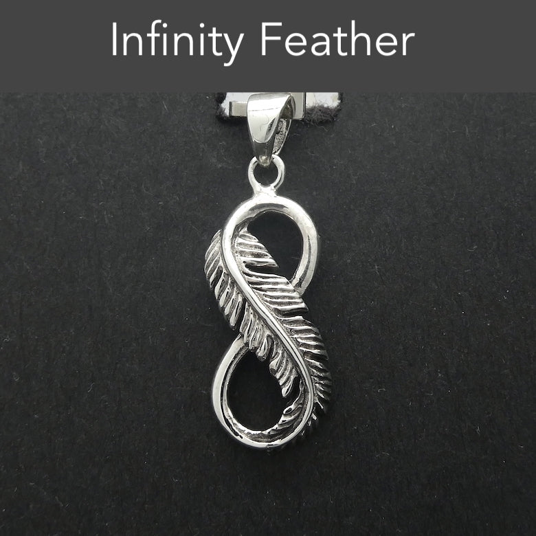 Silver Feather Pendant | shaped into the Infinity or eternity symbol | beautifully executed detail | 925 Oxidised Sterling Silver | Crystal Heart Melbourne Australia since 1986