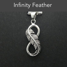 Load image into Gallery viewer, Silver Feather Pendant | shaped into the Infinity or eternity symbol | beautifully executed detail | 925 Oxidised Sterling Silver | Crystal Heart Melbourne Australia since 1986