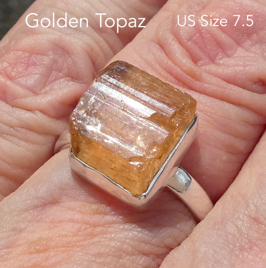 Golden Topaz Ring | Nice Clear Raw Crystal  | Bezel Set | Open Back |  925 Sterling Silver | US Size 7.5 | AUS Size O1/2 | Scorpio Stone | Warm fulfilling healing energy | Emotional independence | Manifestation | Genuine Gems from Crystal Heart Melbourne since 1986