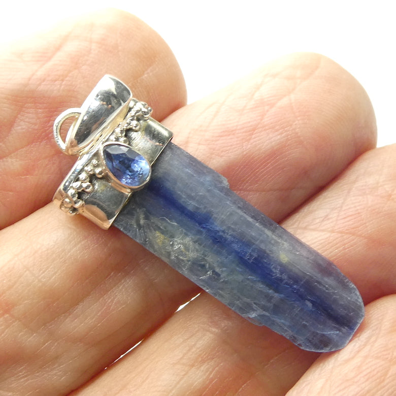 Blue Kyanite Uncut Crystal | Facet Teardop of Gemmy Kyanite as Accent | 925 Sterling Silver Cap with Silver Detail | Protective for EMFs | Doesn't hold Negativity | Spiritual Vision | Improves Perception | Genuine Gems from Crystal Heart Melbourne Australia since 1986