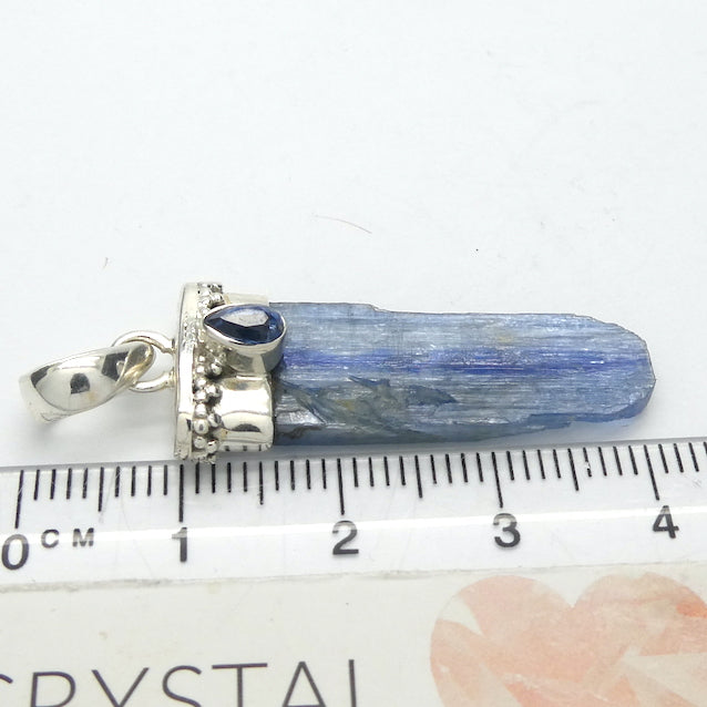 Blue Kyanite Uncut Crystal | Facet Teardop of Gemmy Kyanite as Accent | 925 Sterling Silver Cap with Silver Detail | Protective for EMFs | Doesn't hold Negativity | Spiritual Vision | Improves Perception | Genuine Gems from Crystal Heart Melbourne Australia since 1986