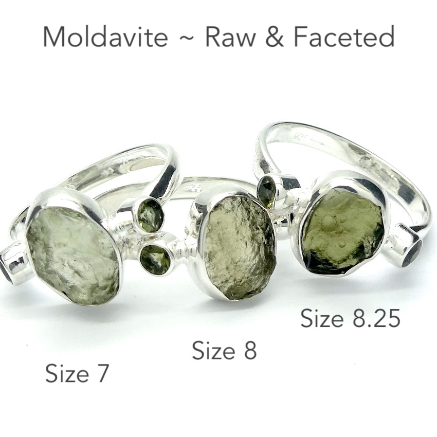Raw Natural Moldavite Ring with faceted Moldavite outriders  | 925 Sterling Silver | Open back | US Size 7, 8, 8.25 | Green Obsidian |  CZ Republic | Intense Personal Heart Transformation | Scorpio Stone | Genuine Gems from Crystal Heart Melbourne Australia since 1986