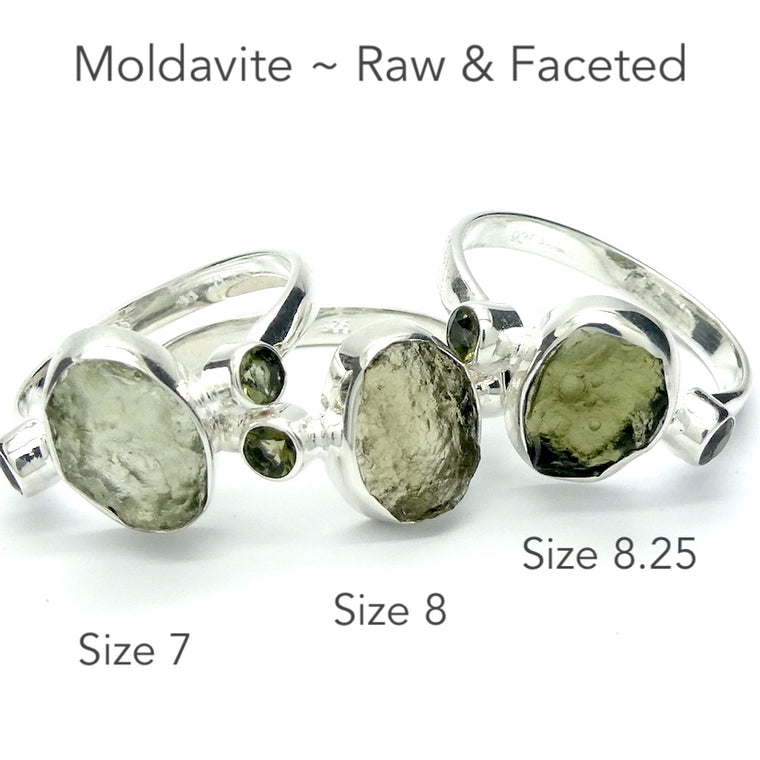 Moldavite Ring, Raw and Faceted Stones, 925 Silver r3