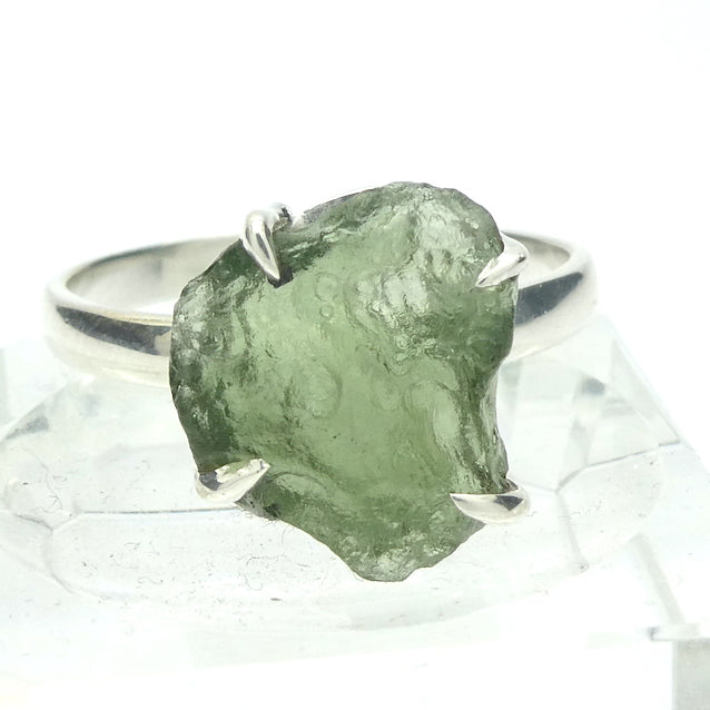 Raw Natural Moldavite Ring | 925 Sterling Silver | Claw Set | Open back | US Size 11.5 | AUS Size W1/2 | Green Obsidian | CZ Republic | Intense Personal Heart Transformation | Scorpio Stone | Genuine Gems from Crystal Heart Melbourne Australia since 1986