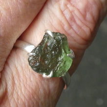 Load image into Gallery viewer, Moldavite Ring, Raw Nugget, Claw Set, 925 Silver r6