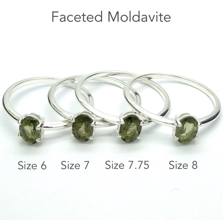 Moldavite Ring, Dainty Solitaire, Faceted Oval, 925 Silver r2