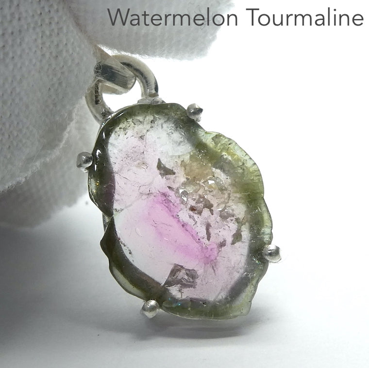 Watermelon Tourmaline Pendant, natural polished slice, 925 Silver, r1