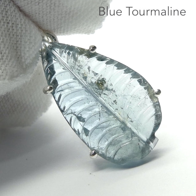 Blue Tourmaline Pendant, Indicolite, Carved Leaf, 925 Silver, r3