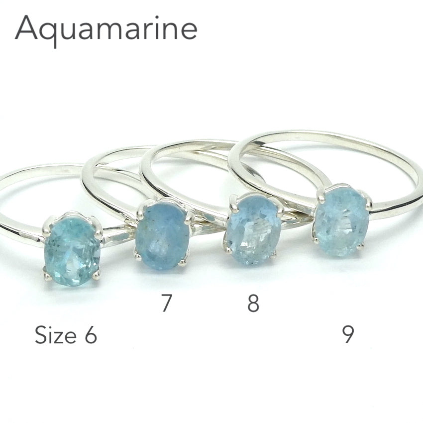 Aquamarine Ring | Faceted Oval | Dainty claw set solitaire | 925 Sterling Silver |  US Size 6, 7, 8, 9 |  Emotional uplifts calm and strength | Genuine Gemstones from Crystal Heart Melbourne Australia since 1986