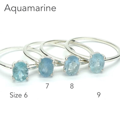 Aquamarine Ring | Faceted Oval | Dainty claw set solitaire | 925 Sterling Silver |  US Size 6, 7, 8, 9 |  Emotional uplifts calm and strength | Genuine Gemstones from Crystal Heart Melbourne Australia since 1986