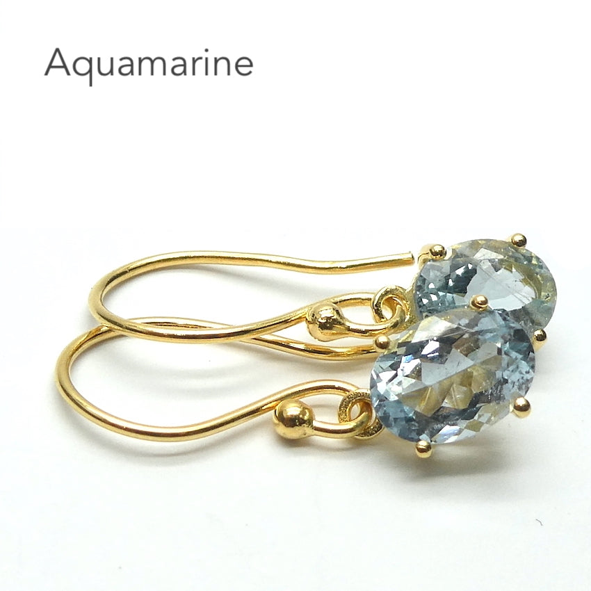Aquamarine Earrings | Faceted Ovals | Dainty claw set | 18 kt Gold Plated 925 Sterling Silver | Vermeil |  Emotional uplifts calm and strength | Genuine Gemstones from Crystal Heart Melbourne Australia since 1986