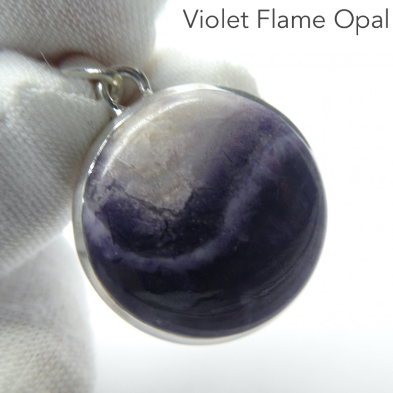 Violet Flame Opal Pendant | Round Cabochon | Mexico | 925 Sterling Silver | Bezel Set | Open Back | White Opal with Violet Surge | Spiritual Vision | Rest and Recharge | Patience in Action | Genuine Gems from Crystal Heart Melbourne Australia since 1986