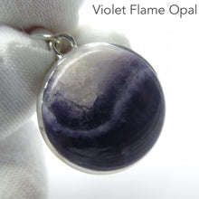 Load image into Gallery viewer, Violet Flame Opal Pendant | Round Cabochon | Mexico | 925 Sterling Silver | Bezel Set | Open Back | White Opal with Violet Surge | Spiritual Vision | Rest and Recharge | Patience in Action | Genuine Gems from Crystal Heart Melbourne Australia since 1986