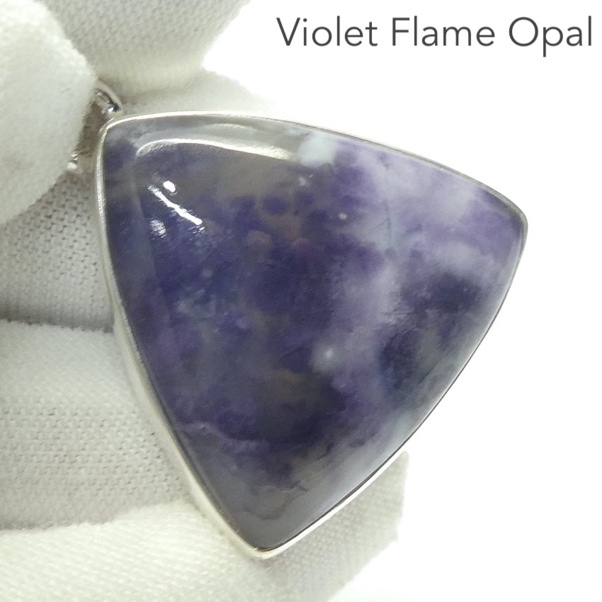 Violet Flame Opal Pendant | Triangle Cabochon | Mexico | 925 Sterling Silver | Bezel Set | Open Back | White Opal with Violet Surge | Spiritual Vision | Rest and Recharge | Patience in Action | Genuine Gems from Crystal Heart Melbourne Australia since 1986
