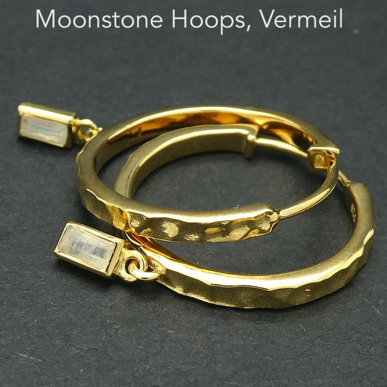 Moonstone Hoop Earrings, Faceted Oblongs, 18 Kt Gold Plated 925 Silver