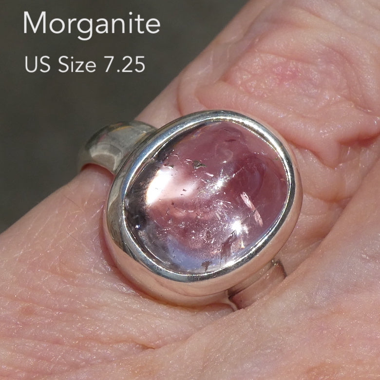 Morganite Ring Oval Cabochon | Pink Beryl | Good Color &Translucency | 925 Sterling Silver | Besel Set | Comfy Curved Bezel | US Size 7.25 | AUS Size O | Divine Love | Libra Stone | Genuine Gems from Crystal Heart Melbourne Australia since 1986