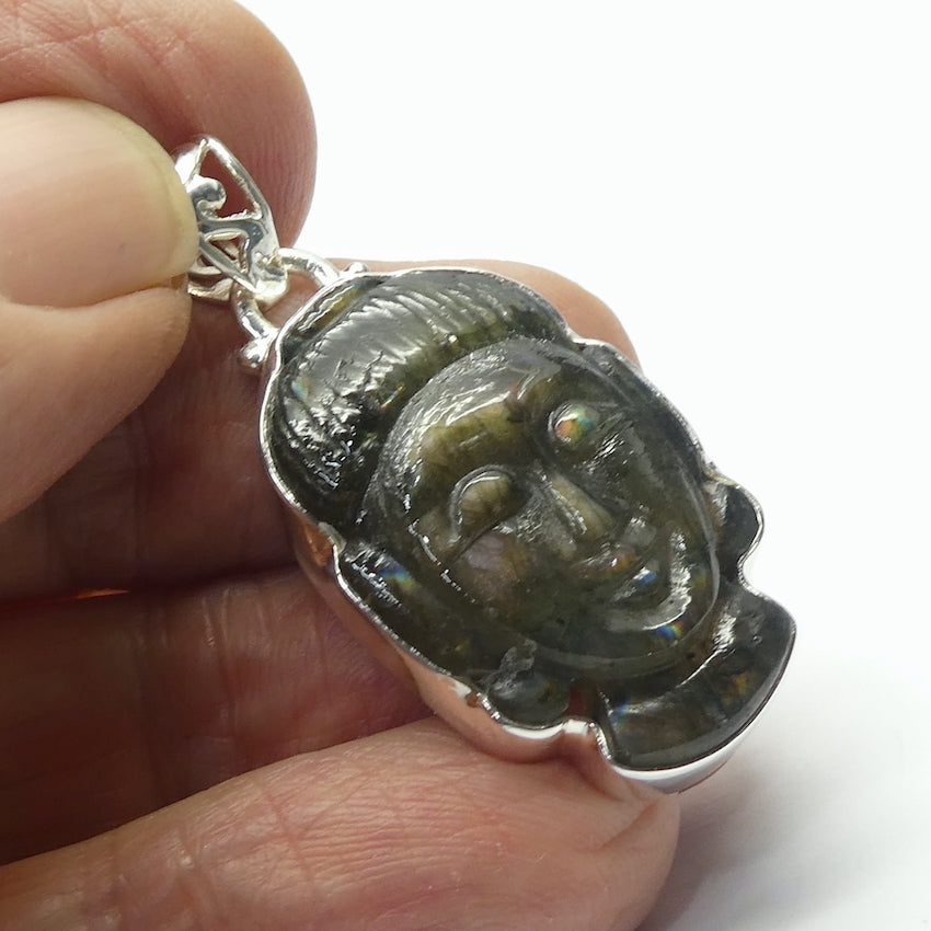 Labradorite Buddha Head Pendant | Nicely Hand Carved | Meditative smile with closed eyes | 925 Silver | Hidden Knowledge | Inspirational Support on your path | Non attachment | Middle Path | Genuine Gems from Crystal Heart Melbourne Australia since 1986