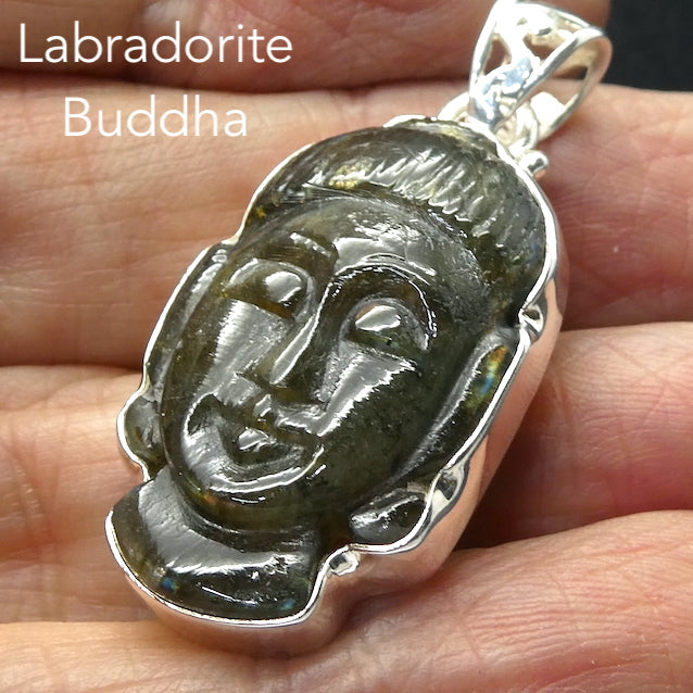 Labradorite Buddha Head Pendant | Nicely Hand Carved | Meditative smile with closed eyes | 925 Silver | Hidden Knowledge | Inspirational Support on your path | Non attachment | Middle Path | Genuine Gems from Crystal Heart Melbourne Australia since 1986