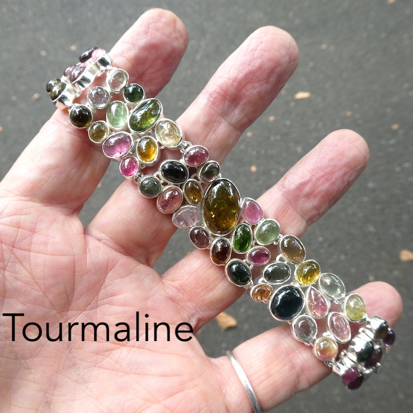 Tourmaline Bracelet | Stunning Cabochons | 3 Stones wide | Red and pink Rubellite | Yellow Gold | Blue Indicolite | Green | 925 Sterling Silver | Genuine Gems from Crystal Heart Melbourne Australia since 1986