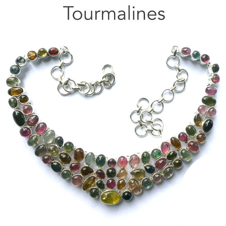 Tourmaline Rainbow Necklace, Beautiful Cabochons, mixed colours, 925 Silver