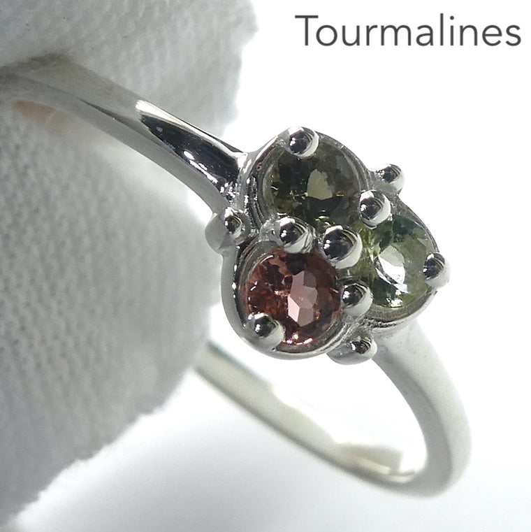 Tourmaline Ring, Three Faceted Rounds, Green and Pink, 925 Silver