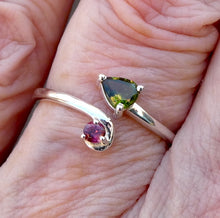 Load image into Gallery viewer, Tourmaline Ring | Two Faceted Sones | Green Teardrop | Red Round | 925 Sterling | Adjustable | US Size 5, 6, 7, 8 | Supercharge and unblock the heart | Emotional Clarity | Self Empowerment | Genuine Gems from Crystal Heart Australia since 1986