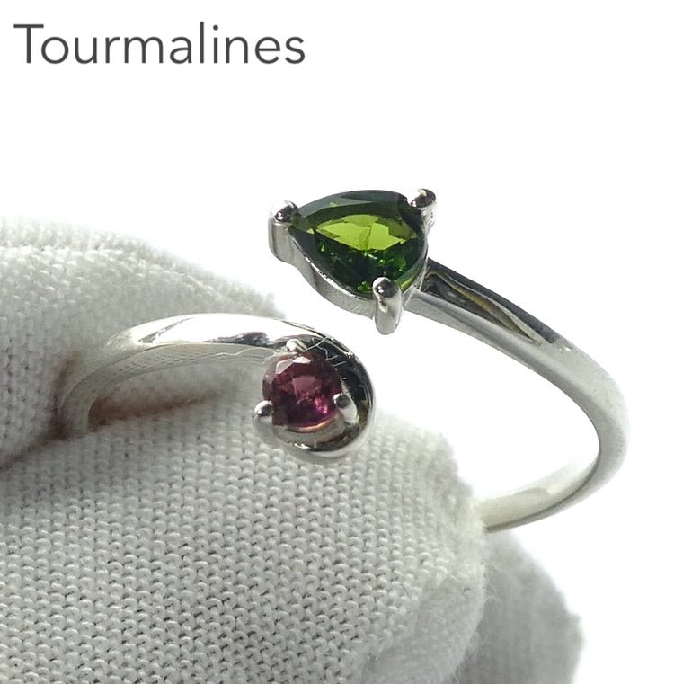 Tourmaline Ring, Faceted Red and Green Gemstones, 925 Silver