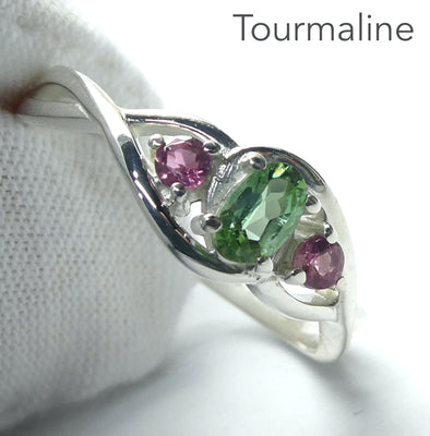 Tourmaline Ring | Three Faceted Stones | Green oval | Red Round s| 925 Sterling | Adjustable | US Size 5, 6, 7, 8 and 10 | Supercharge and unblock the heart | Emotional Clarity | Self Empowerment | Genuine Gems from Crystal Heart Australia since 1986
