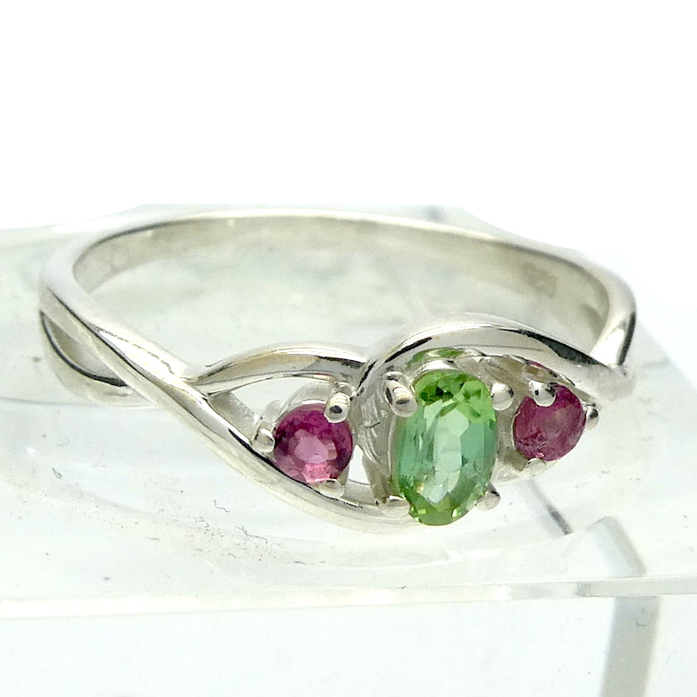 Tourmaline Ring | Three Faceted Stones | Green oval | Red Round s| 925 Sterling | Adjustable | US Size 5, 6, 7, 8 and 10 | Supercharge and unblock the heart | Emotional Clarity | Self Empowerment | Genuine Gems from Crystal Heart Australia since 1986