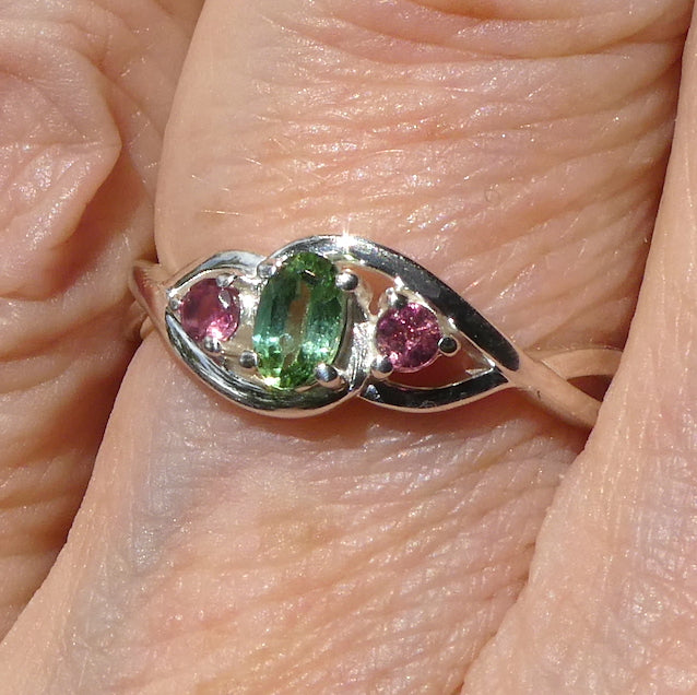 Tourmaline Ring | Three Faceted Stones | Green oval | Red Round s| 925 Sterling | Adjustable | US Size 5, 6, 7, 8 and 10 | Supercharge and unblock the heart | Emotional Clarity | Self Empowerment | Genuine Gems from Crystal Heart Australia since 1986
