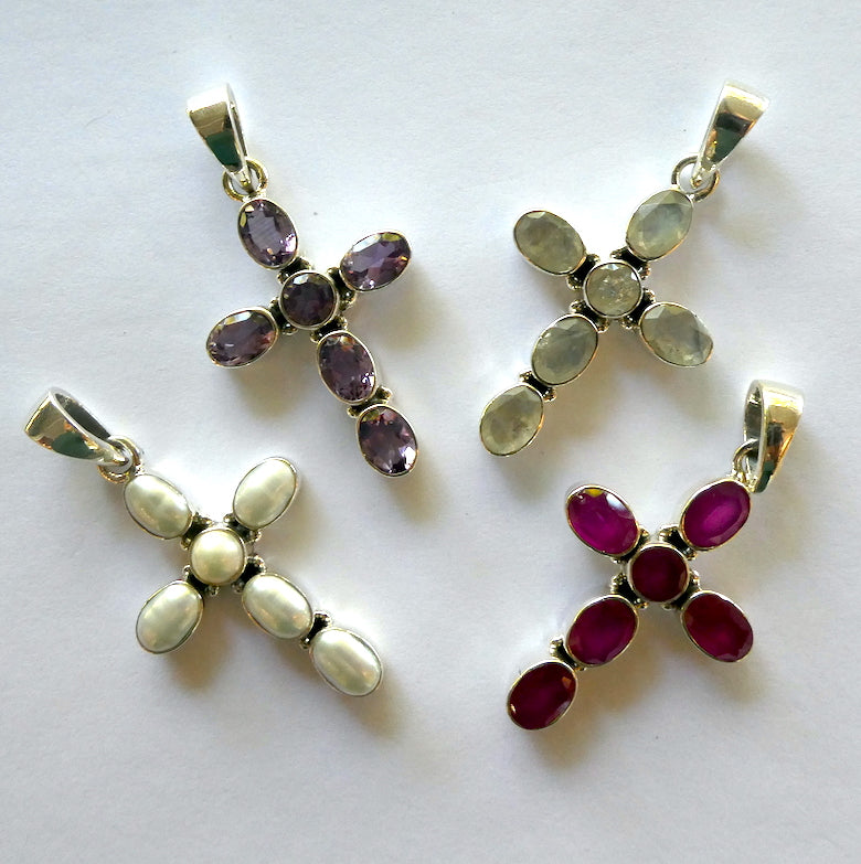 Cross Pendant | Medium Size | Bezel Set Gemstones | 925 Sterling Silver | Amethyst | Ruby | Moonstone | Pearl Genuine Gems from Crystal Heart Melbourne Australia since 1986