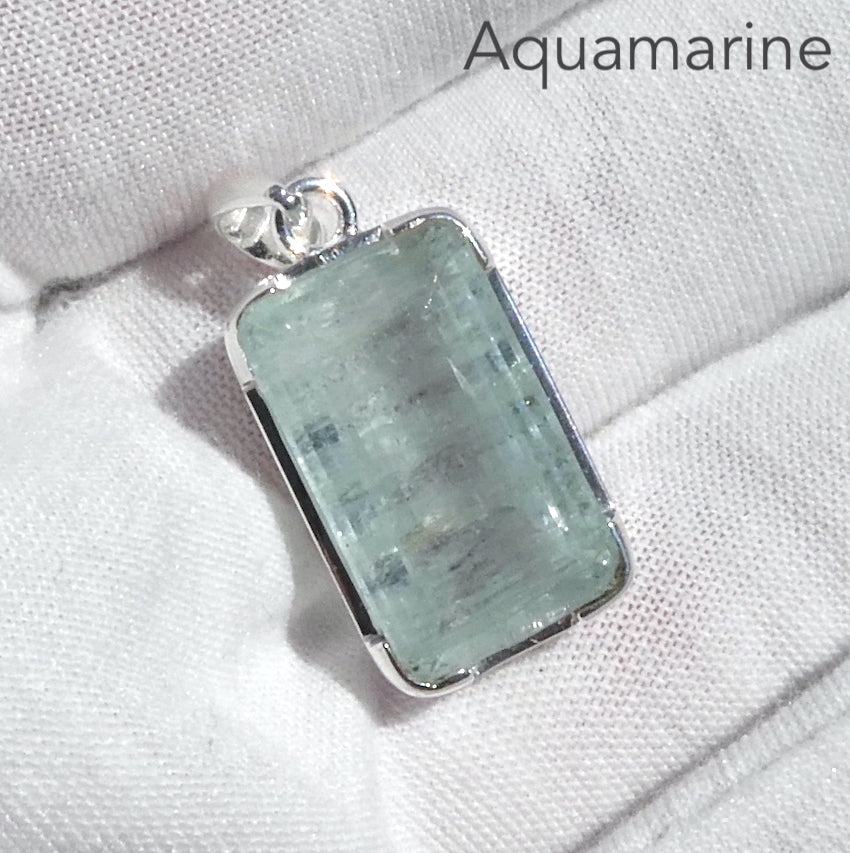 Aquamarine Gemstone Pendant | Faceted Oblong | 925 Sterling Silver | Nice Blue with reasonable transparency | Bezel Set | Open Back | Peaceful emotional guidance and integration | Flow through obstacles | Genuine Gemstones from Crystal Heart Melbourne Australia since 1986