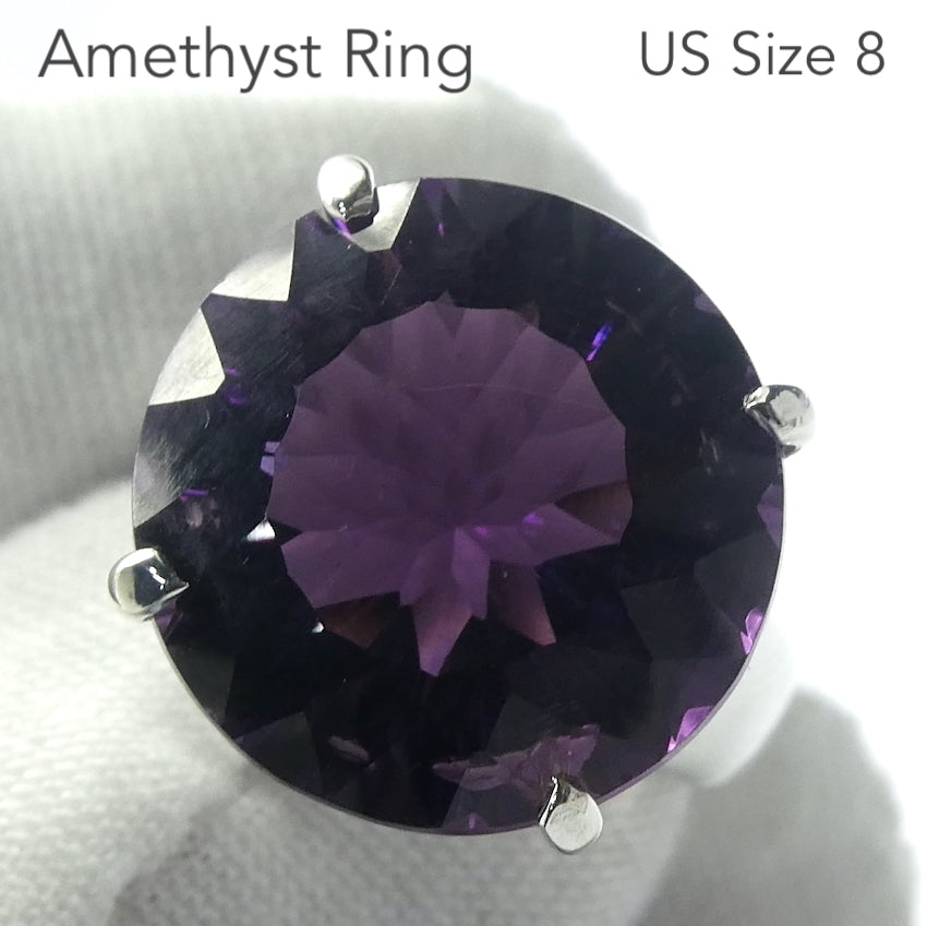 Amethyst Ring | Large Faceted Round Gemstone | Purple Sunburst | AAA Grade | Deep cut | Special fancy cut on reverse | 925 Sterling Silver | US Size 8 | AUS Size P1/2 | Mesmerising Beauty | Quality Silver Work | Genuine Gems from Crystal Heart Melbourne Australia since 1986