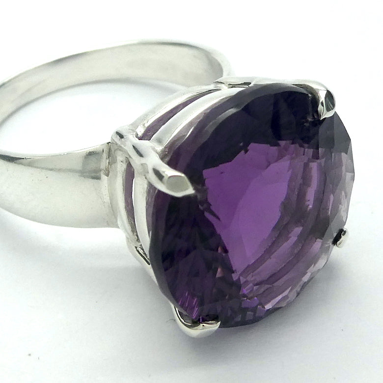 Amethyst Ring | Large Faceted Round Gemstone | Purple Sunburst | AAA Grade | Deep cut | Special fancy cut on reverse | 925 Sterling Silver | US Size 8 | AUS Size P1/2 | Mesmerising Beauty | Quality Silver Work | Genuine Gems from Crystal Heart Melbourne Australia since 1986