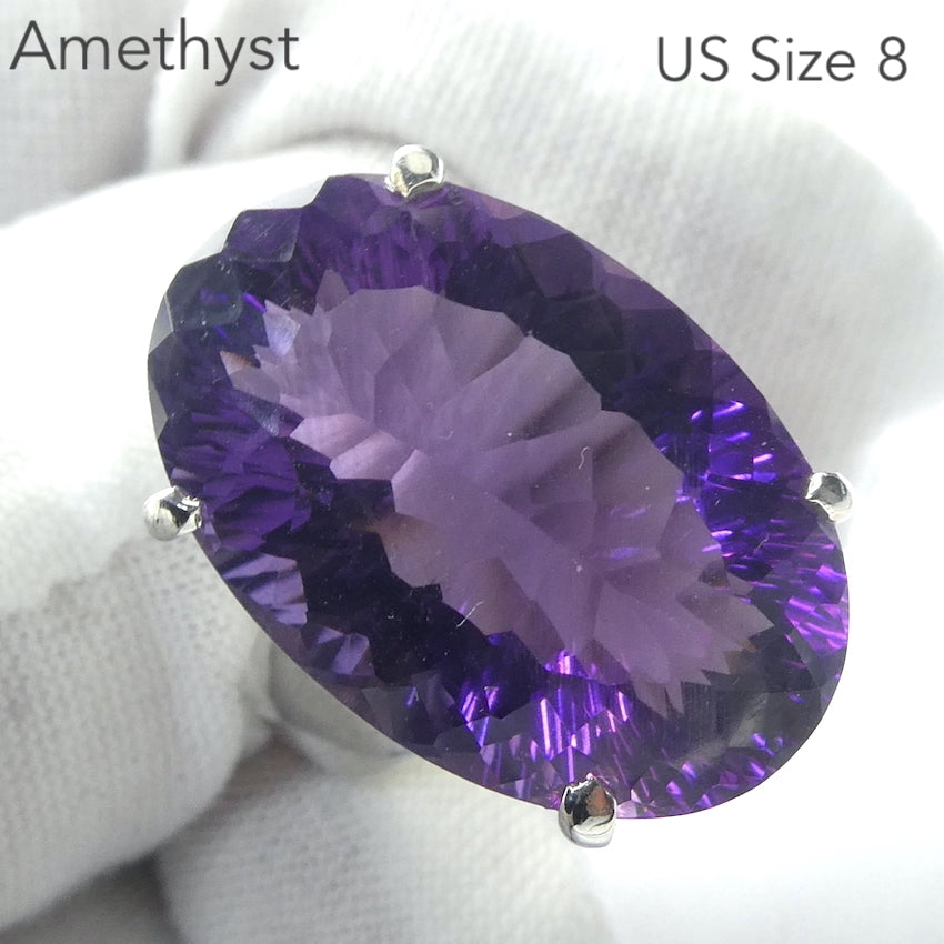 Amethyst Ring | Faceted Oval Gemstone | AAA Grade | Deep cut | Special fancy cut on reverse | 925 Sterling Silver | US Size 8 | AUS Size P1/2 | Mesmerising Beauty | Quality Silver Work | Genuine Gems from Crystal Heart Melbourne Australia since 1986