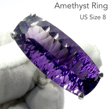 Load image into Gallery viewer, Amethyst Ring | Long Faceted Oblong Gemstone | AAA Grade | Deep cut | Special fancy cut on reverse | 925 Sterling Silver | US Size 8 | AUS Size P1/2 | Mesmerising Beauty | Quality Silver Work | Genuine Gems from Crystal Heart Melbourne Australia since 1986