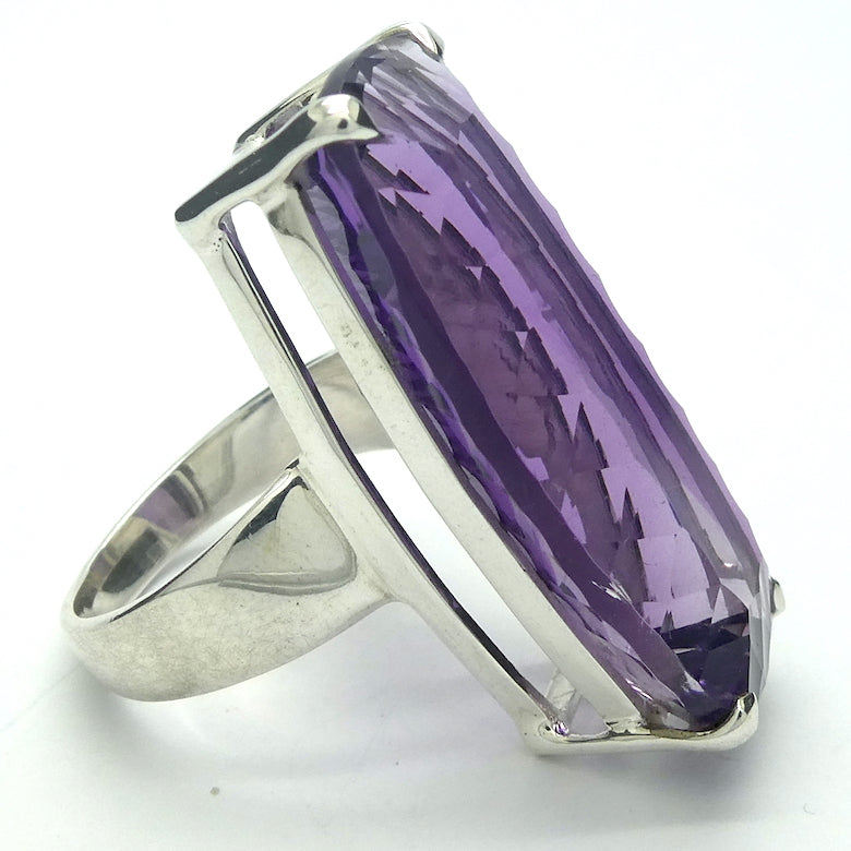 Amethyst Ring | Long Faceted Oblong Gemstone | AAA Grade | Deep cut | Special fancy cut on reverse | 925 Sterling Silver | US Size 8 | AUS Size P1/2 | Mesmerising Beauty | Quality Silver Work | Genuine Gems from Crystal Heart Melbourne Australia since 1986