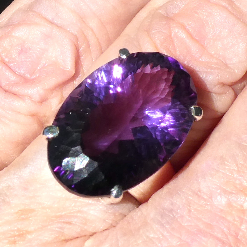 Amethyst Ring | Faceted Oval Gemstone | AAA Grade | Deep cut | Special fancy cut on reverse | 925 Sterling Silver | US Size 8 | AUS Size P1/2 | Mesmerising Beauty | Quality Silver Work | Genuine Gems from Crystal Heart Melbourne Australia since 1986