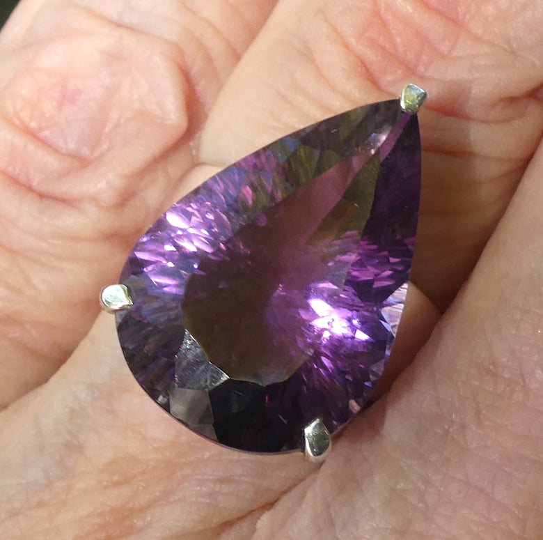 Amethyst Ring | Faceted Teardrop Gemstone | AAA Grade | Deep cut | Special fancy cut on reverse | 925 Sterling Silver | US Size 8 | AUS Size P1/2 | Mesmerising Beauty | Quality Silver Work | Genuine Gems from Crystal Heart Melbourne Australia since 1986