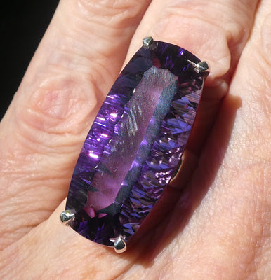 Amethyst Ring | Long Faceted Oblong Gemstone | AAA Grade | Deep cut | Special fancy cut on reverse | 925 Sterling Silver | US Size 8 | AUS Size P1/2 | Mesmerising Beauty | Quality Silver Work | Genuine Gems from Crystal Heart Melbourne Australia since 1986