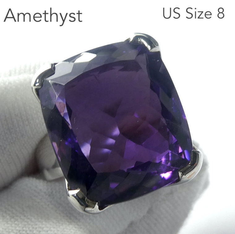Amethyst Ring, Faceted Oblong, Large Stone, 925 Silver