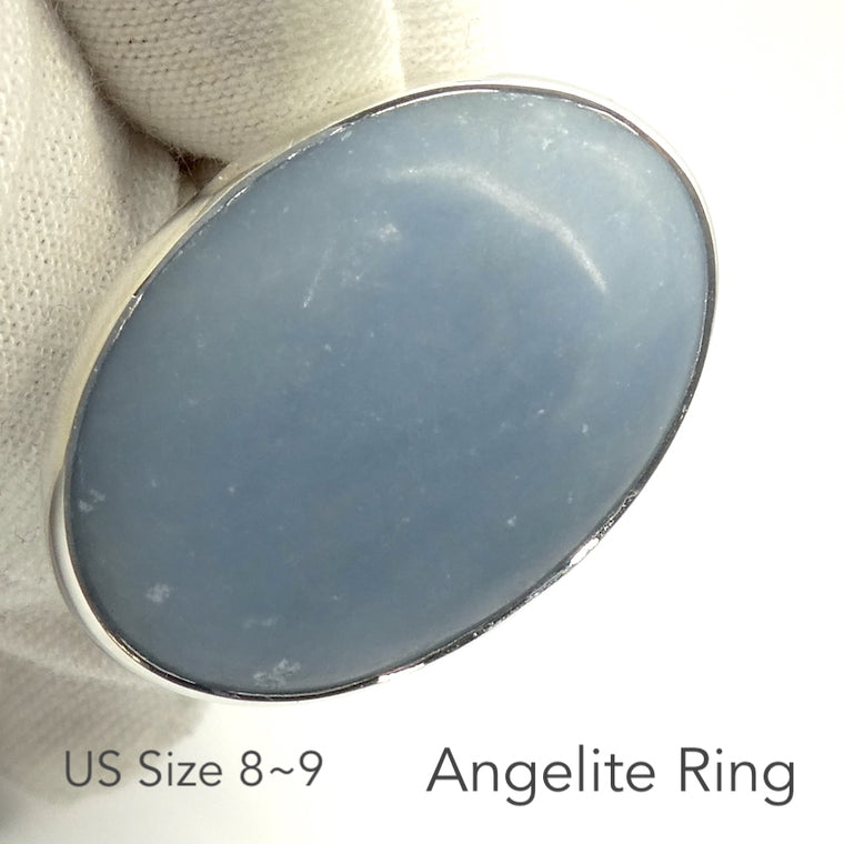 Angelite Ring, Oval Cabocchon, 925 Sterling Silver, US size 8~9,
