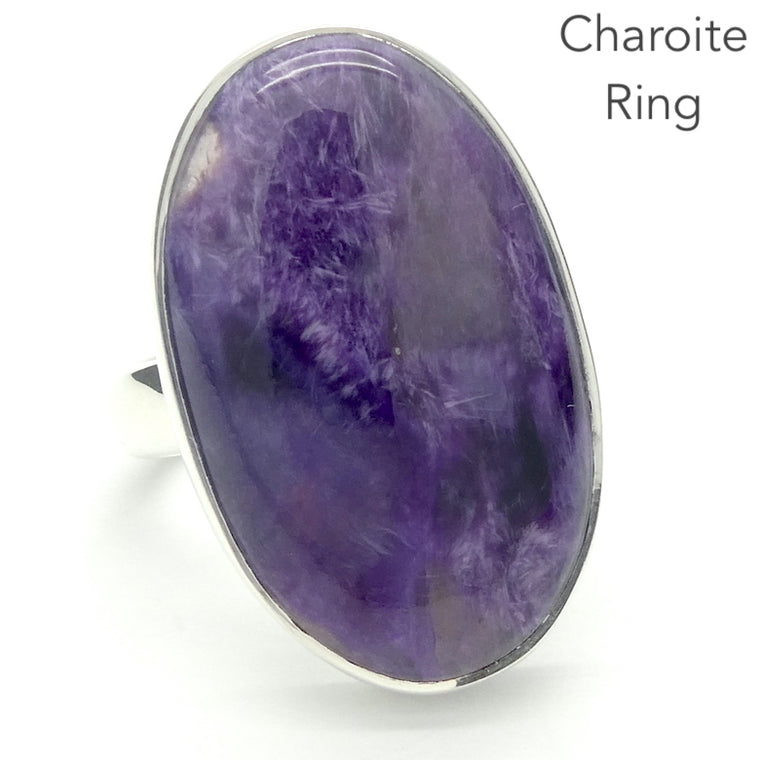 Charoite Ring, Oval Cabochon, 925 Silver, US Size 8-9, s1