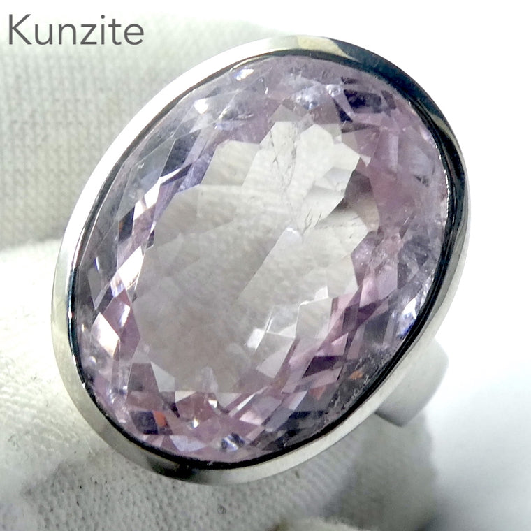 Kunzite Ring, Faceted Oval, Large, 925 Silver, US Size 7.75