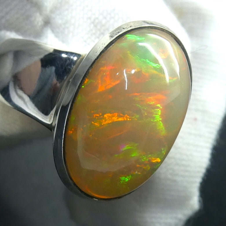 Ethiopian Opal Gemstone Ring | Large Solid Oval Cabochon  | Very Lively Display of Colours | Bright Reds, Oranges and Greens |  US Size 9 | AUS Size R1/2  Genuine Gemstones from  Crystal Heart Australia since 1986