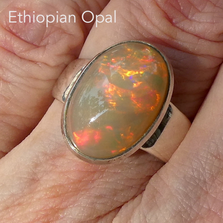 Ethiopian Opal Gemstone Ring | Large Solid Oval Cabochon  | Very Lively Display of Colours | Bright Reds, Oranges and Greens |  US Size 9 | AUS Size R1/2  Genuine Gemstones from  Crystal Heart Australia since 1986