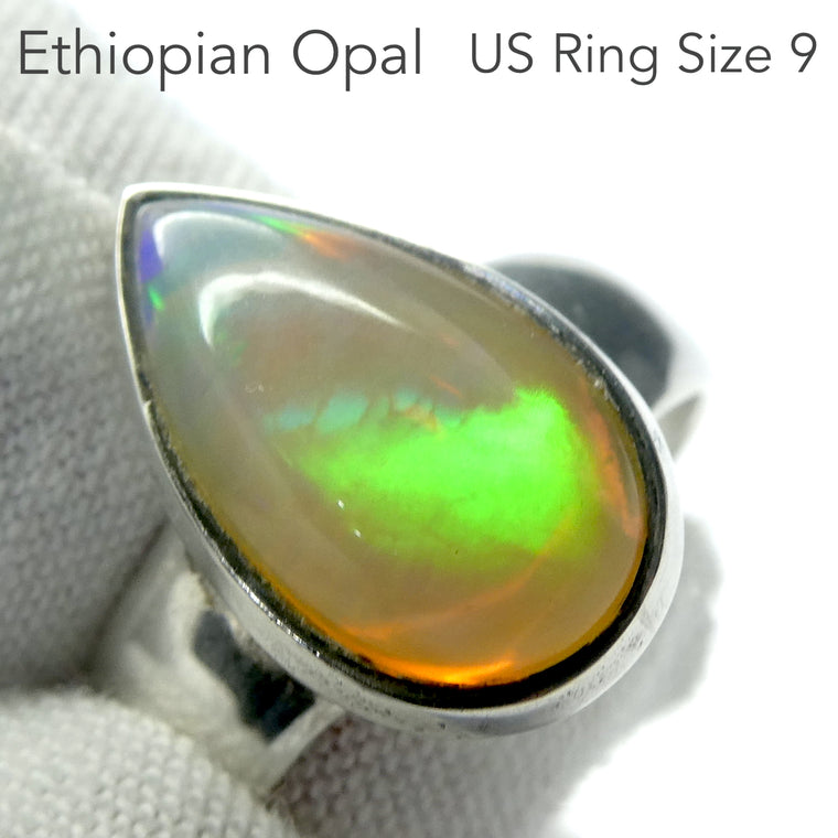 Ethiopian Opal Ring, Large Teardrop, Strong Flash, Size 9, 925 Silver g4