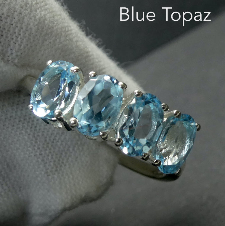 Blue Topaz Ring with 4 Faceted Ovals, 925 Silver, sBT